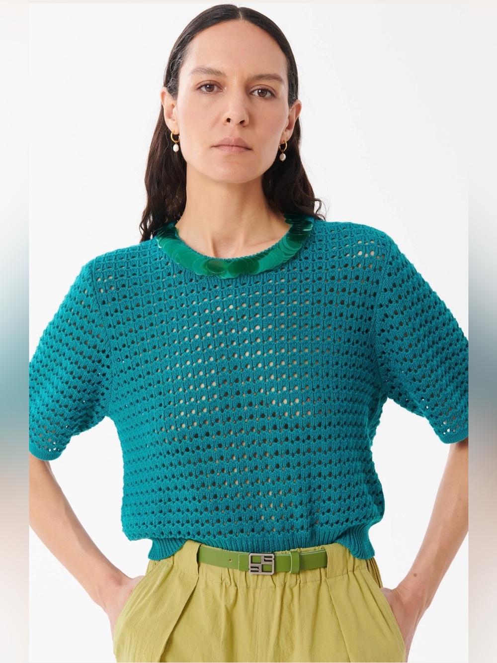 BLACK: Beatrice B Perforated Knit T-Shirt With Marco Sequin Collar Black XS